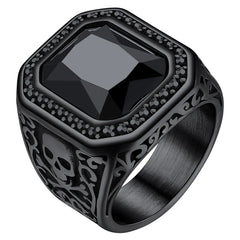 Black Onyx Skull Ring - Stainless Steel Signet Band