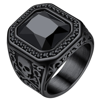 Black Onyx Skull Ring - Stainless Steel Signet Band