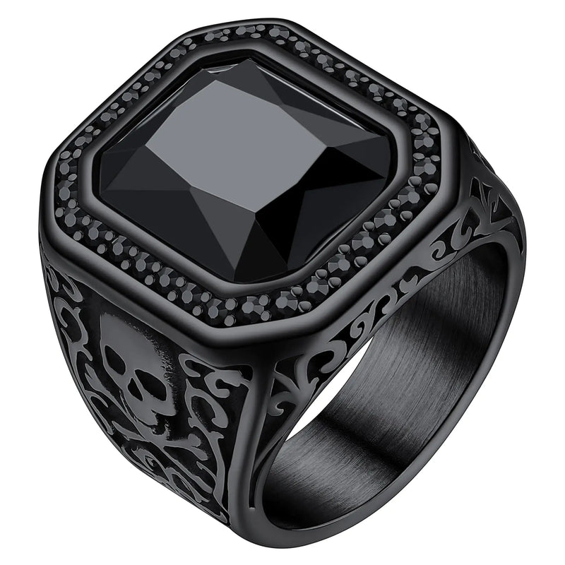 Black Onyx Skull Ring - Stainless Steel Signet Band